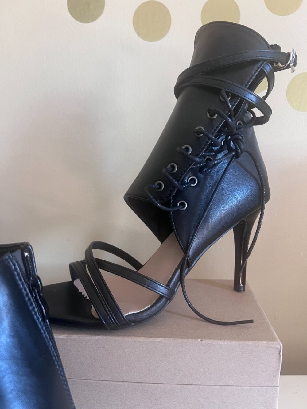 Fierce Strappy Black Leather Look Lace-Up Stilettos - 8.5 - Picture 2 of 10